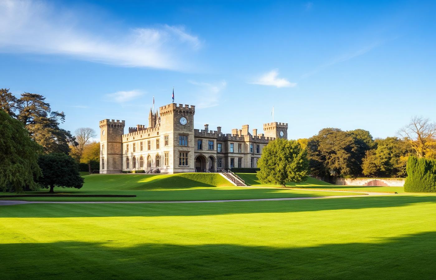 Arundel Castle on a sunny day, with surrounding lawns and the West Sussex landscape